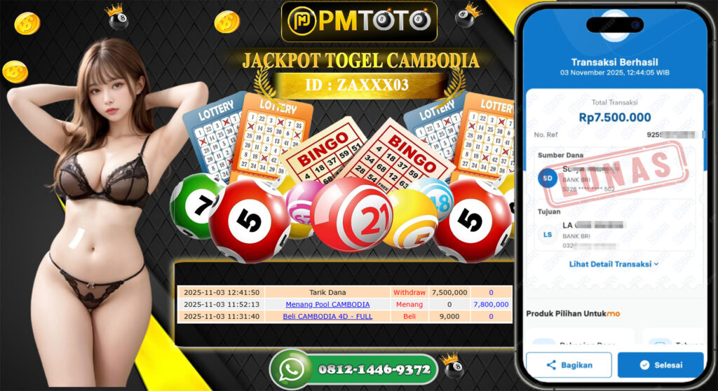 SELAMAT KEPADA MEMBER PMTOTO JACKPOT TOGEL CAMBODIA  Rp.7.500.000.,- LUNAS
