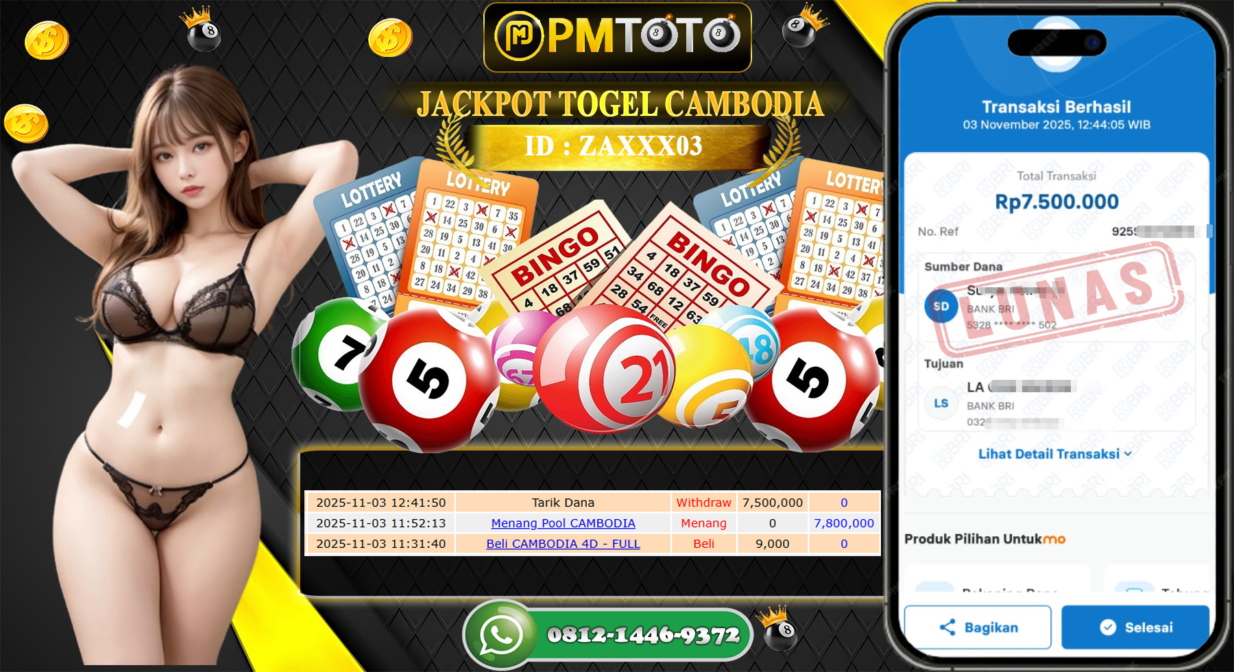 SELAMAT KEPADA MEMBER PMTOTO JACKPOT TOGEL CAMBODIA  Rp.7.500.000.,- LUNAS