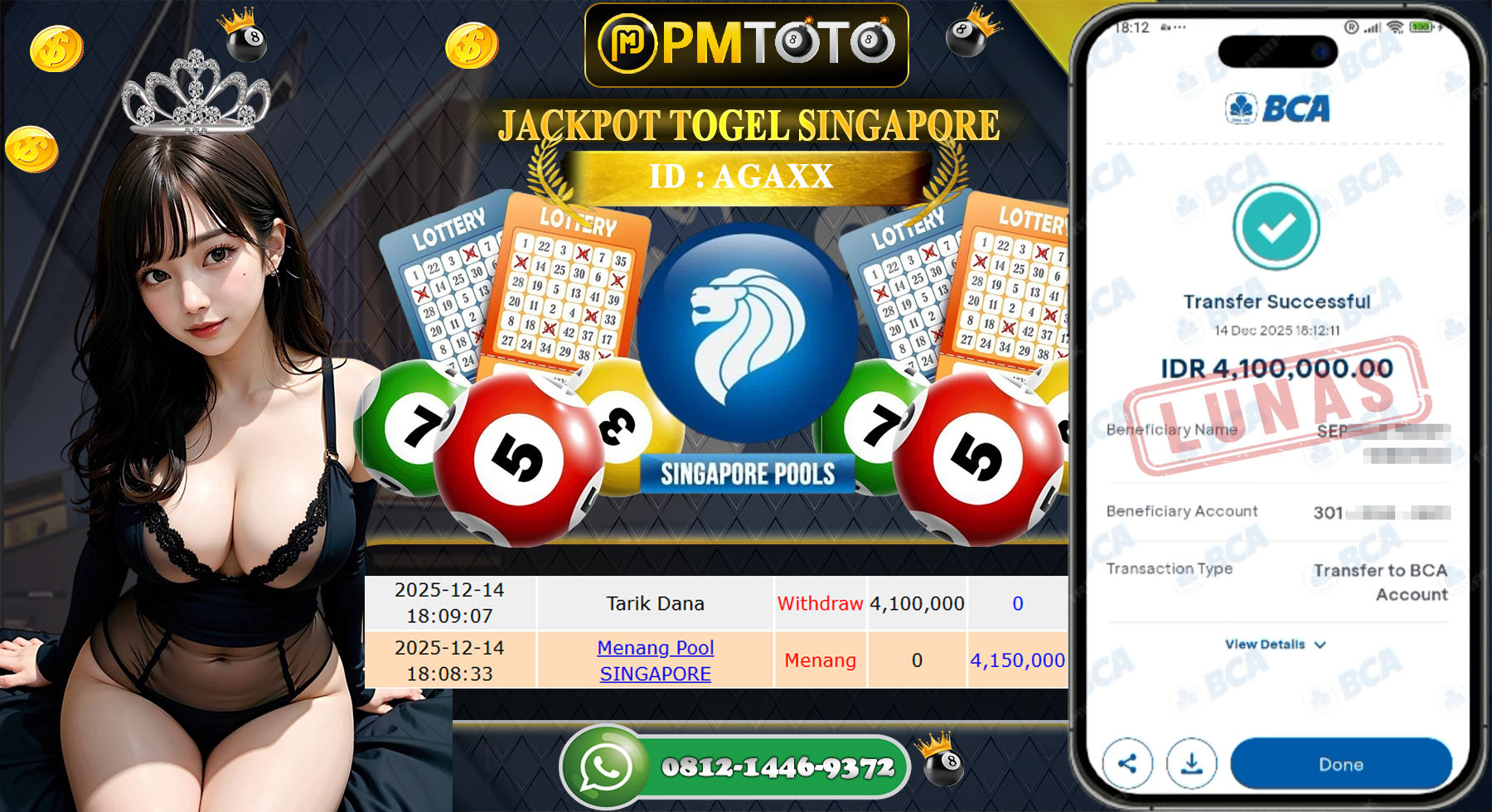 SELAMAT KEPADA MEMBER PMTOTO JACKPOT TOGEL SINGAPORE Rp.4.100.000.,- LUNAS