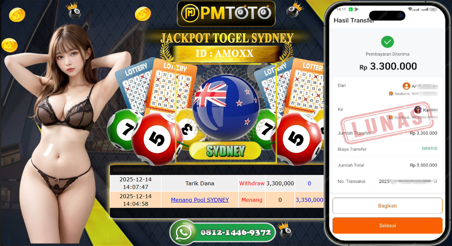 SELAMAT KEPADA MEMBER PMTOTO JACKPOT TOGEL SYDNEY Rp.3.300.000.,- LUNAS