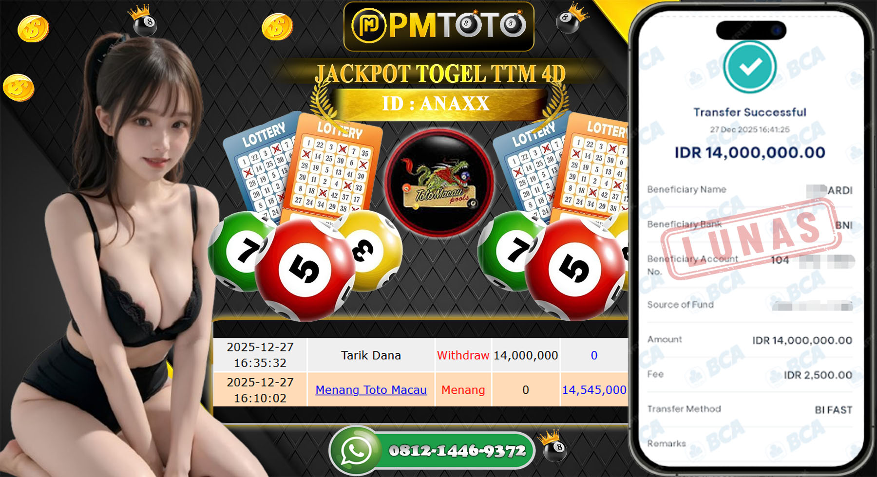 SELAMAT KEPADA MEMBER PMTOTO JACKPOT TOGEL TOTO MACAU 4D Rp.14.545.000.,- LUNAS
