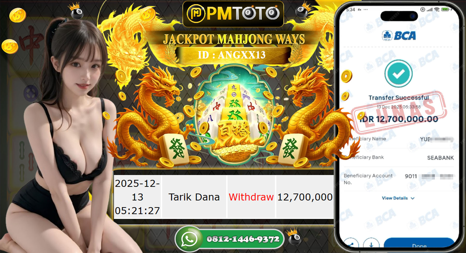 SELAMAT KEPADA MEMBER PMTOTO JACKPOT SLOT MAHJONG WAYS Rp.12.700.000.,- LUNAS