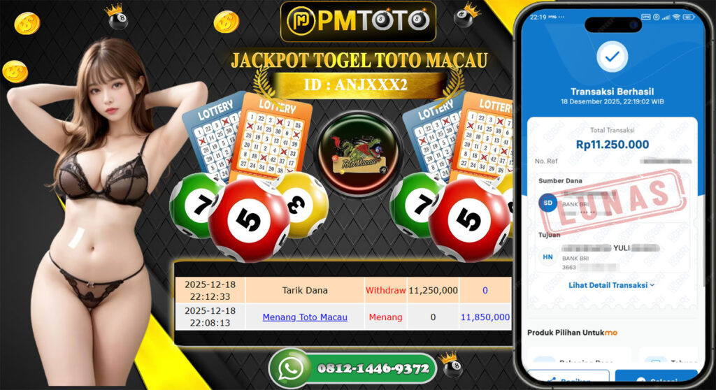 SELAMAT KEPADA MEMBER PMTOTO JACKPOT TOGEL TOTO MACAU Rp.11.250.000.,- LUNAS