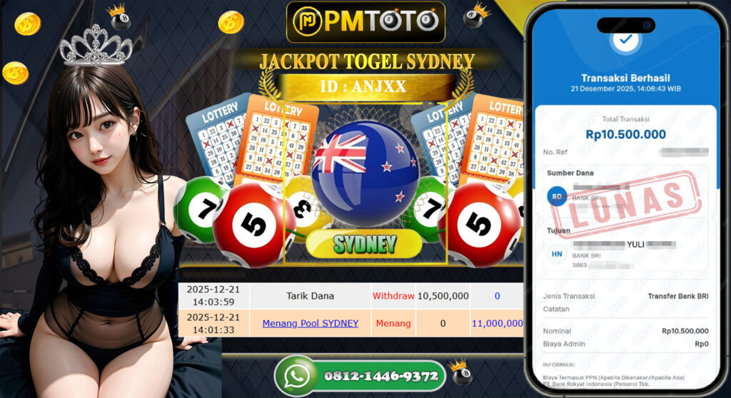 SELAMAT KEPADA MEMBER PMTOTO JACKPOT TOGEL SYDNEY Rp.10.500.000.,- LUNAS