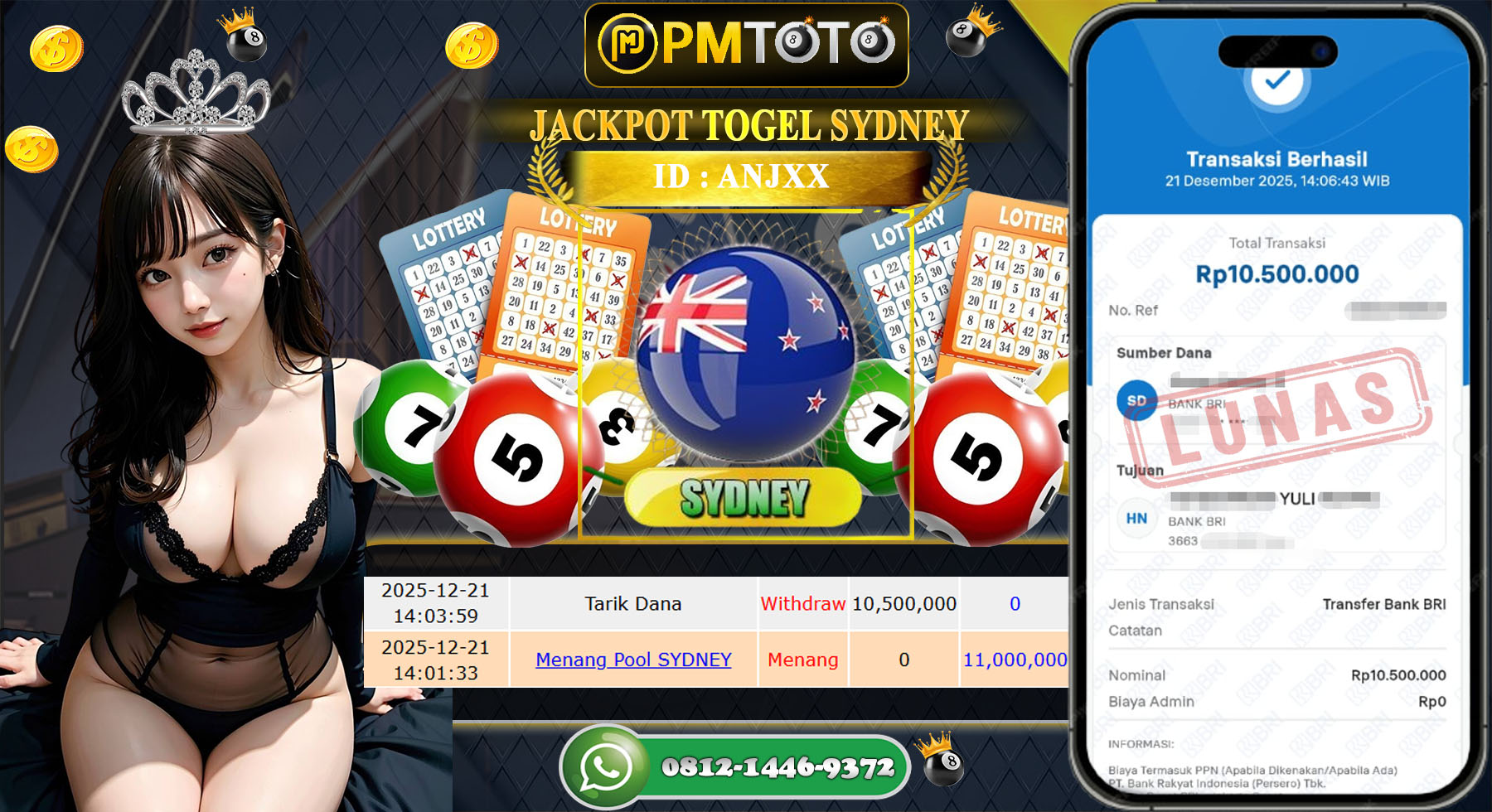 SELAMAT KEPADA MEMBER PMTOTO JACKPOT TOGEL SYDNEY Rp.10.500.000.,- LUNAS