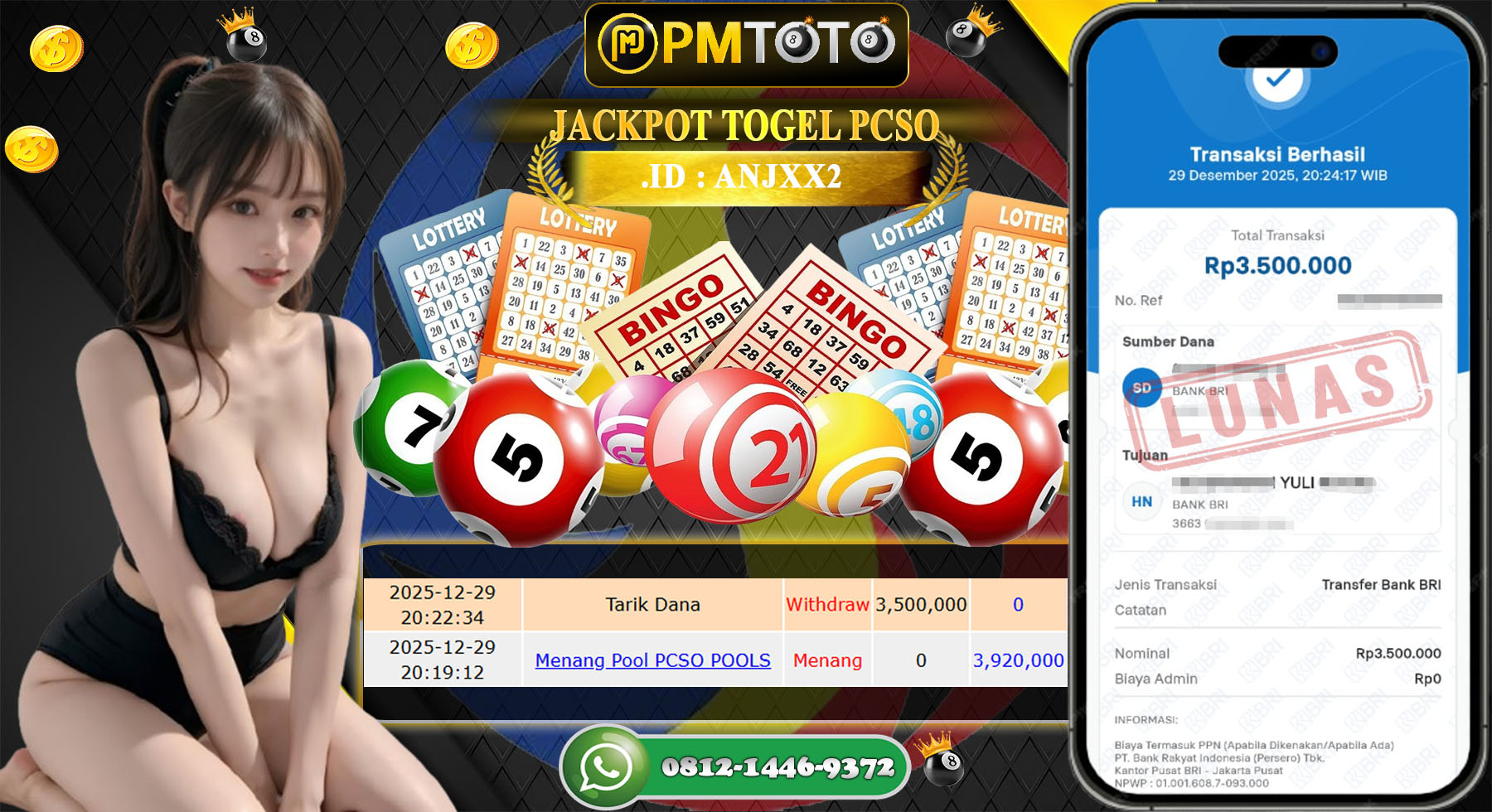 SELAMAT KEPADA MEMBER PMTOTO JACKPOT TOGEL PCSO Rp.3.500.000.,- LUNAS
