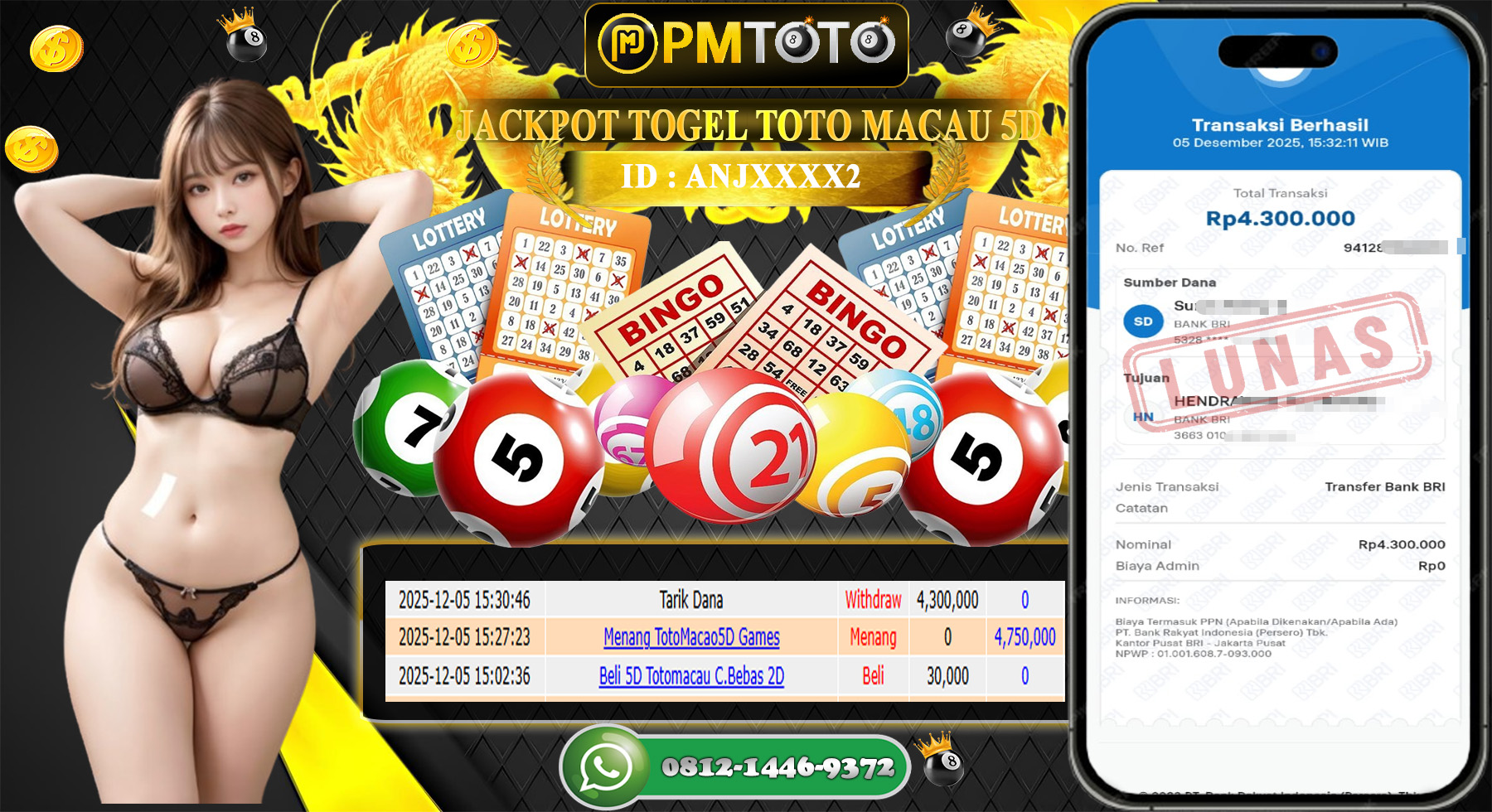 SELAMAT KEPADA MEMBER PMTOTO JACKPOT TOGEL TOTO MACAU 5D Rp.4.300.000.,- LUNAS
