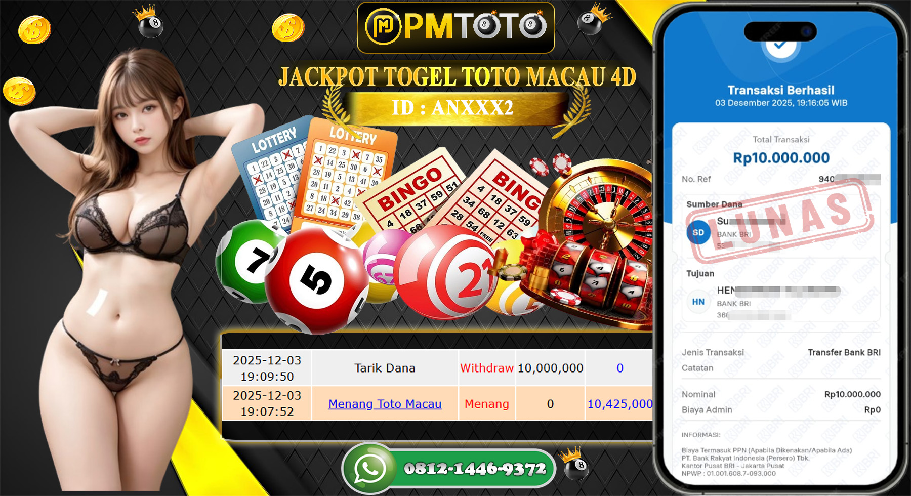 SELAMAT KEPADA MEMBER PMTOTO JACKPOT TOGEL TOTO MACAU 4D Rp.10.000.000.,- LUNAS