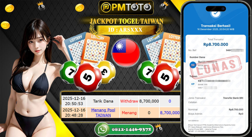 SELAMAT KEPADA MEMBER PMTOTO JACKPOT TOGEL TAIWAN Rp.8.700.000.,- LUNAS