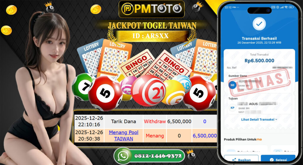 SELAMAT KEPADA MEMBER PMTOTO JACKPOT TOGEL TAIWAN Rp.6.500.000.,- LUNAS