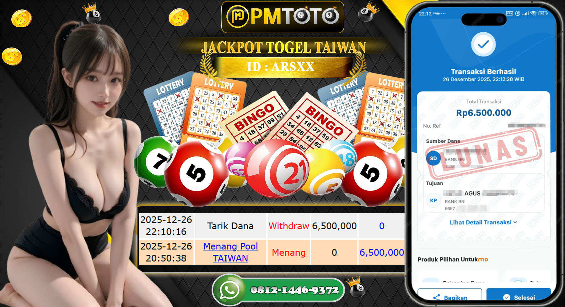 SELAMAT KEPADA MEMBER PMTOTO JACKPOT TOGEL TAIWAN Rp.6.500.000.,- LUNAS