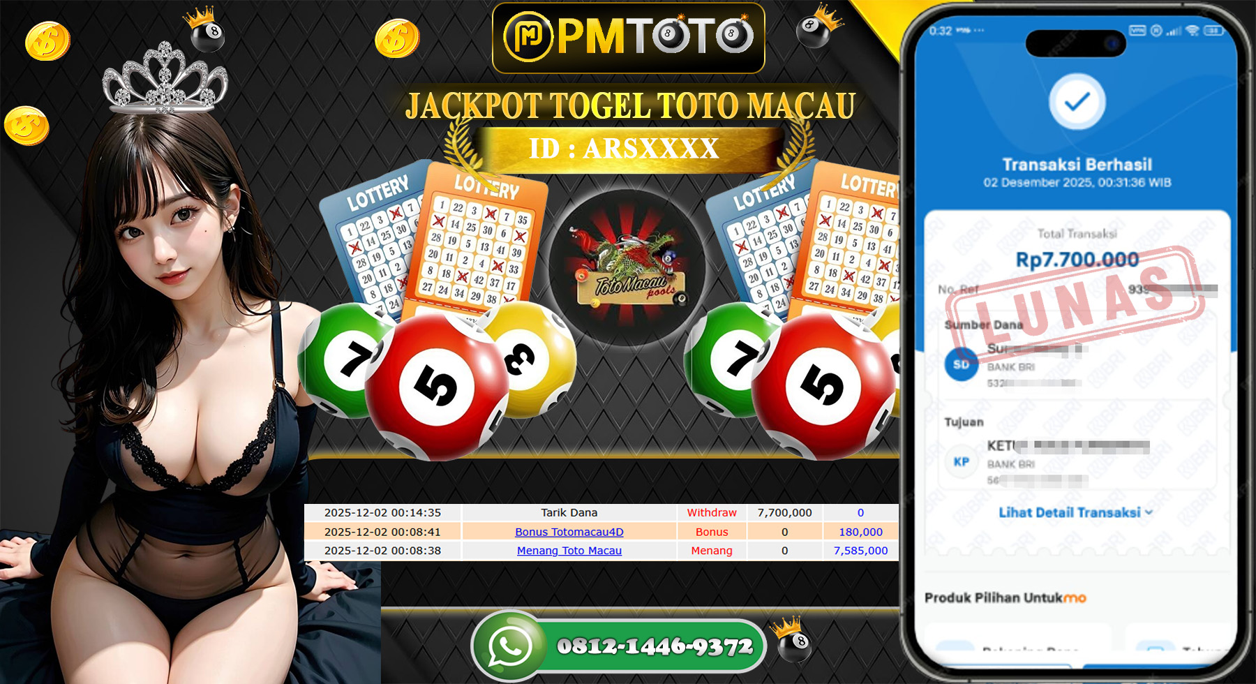 SELAMAT KEPADA MEMBER PMTOTO JACKPOT TOGEL TOTO MACAU Rp.7.700.000.,- LUNAS