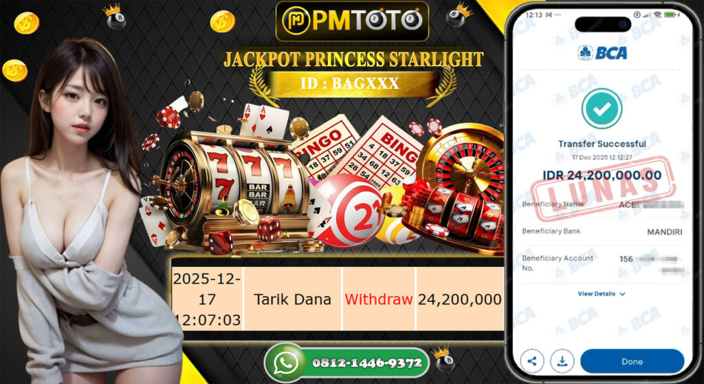 SELAMAT KEPADA MEMBER PMTOTO JACKPOT SLOT PRINCESS STARLIGHT Rp.24.200.000.,- LUNAS