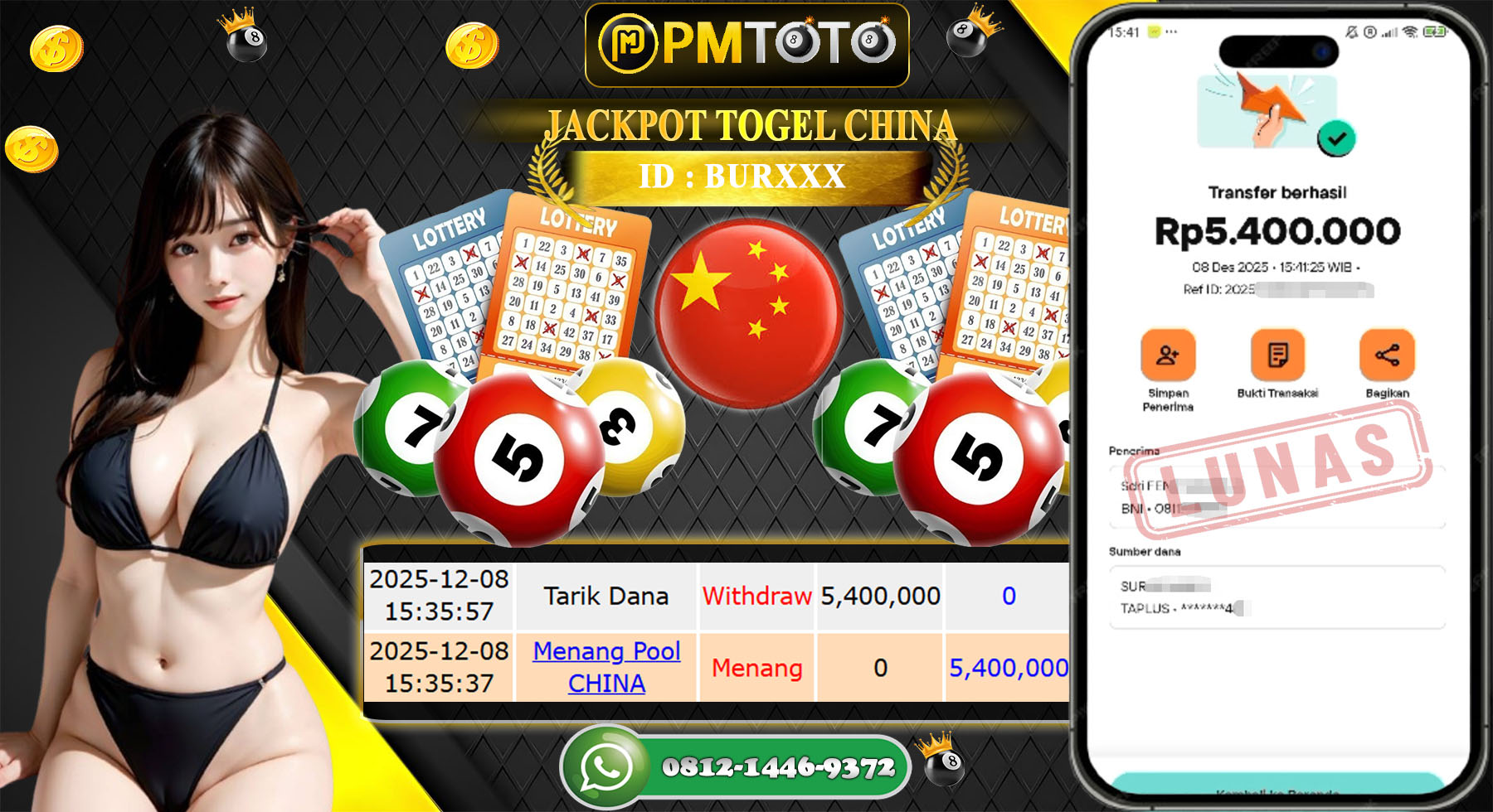 SELAMAT KEPADA MEMBER PMTOTO JACKPOT TOGEL CHINA Rp.5.400.000.,- LUNAS