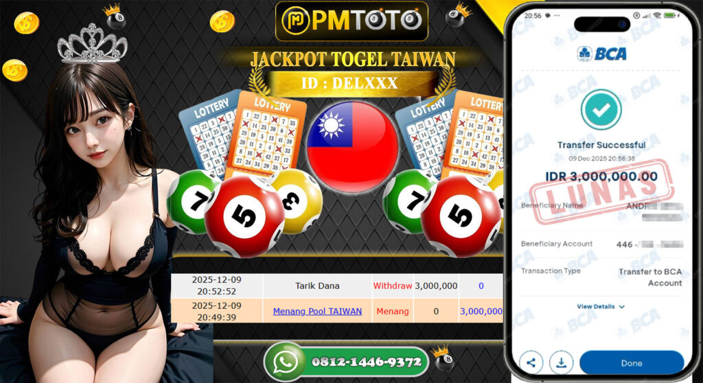 SELAMAT KEPADA MEMBER PMTOTO JACKPOT TOGEL TAIWAN Rp.3.000.000.,- LUNAS