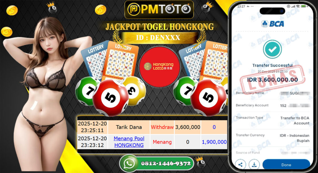 SELAMAT KEPADA MEMBER PMTOTO JACKPOT TOGEL HONGKONG LOTTO Rp.3.600.000.,- LUNAS