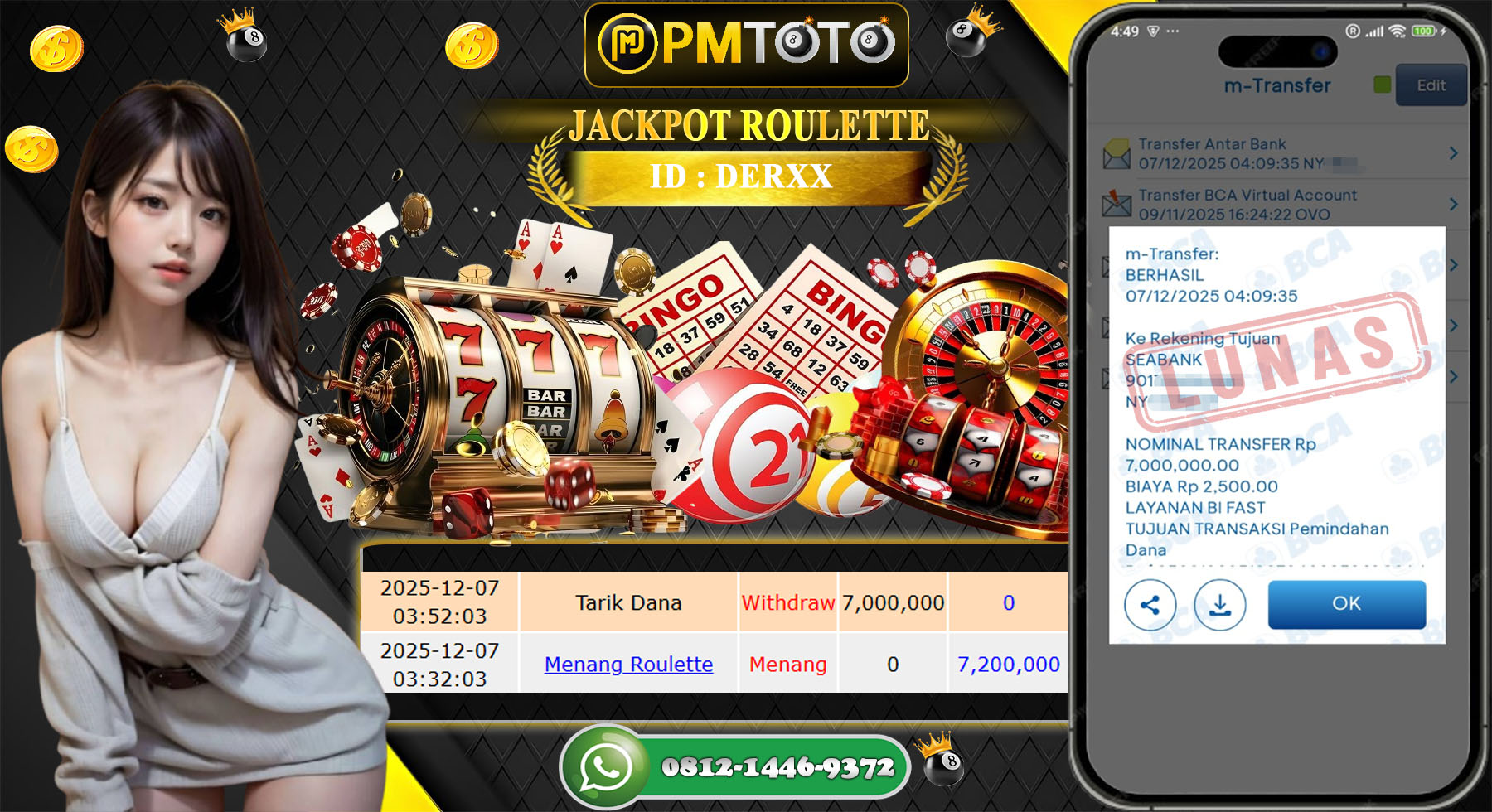 SELAMAT KEPADA MEMBER PMTOTO JACKPOT CASINO ROULETTE Rp.7.000.000.,- LUNAS