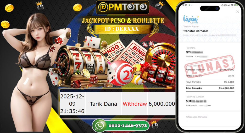 SELAMAT KEPADA MEMBER PMTOTO JACKPOT TOGEL PCSO & CASINO ROULETTE Rp.6.000.000.,- LUNAS