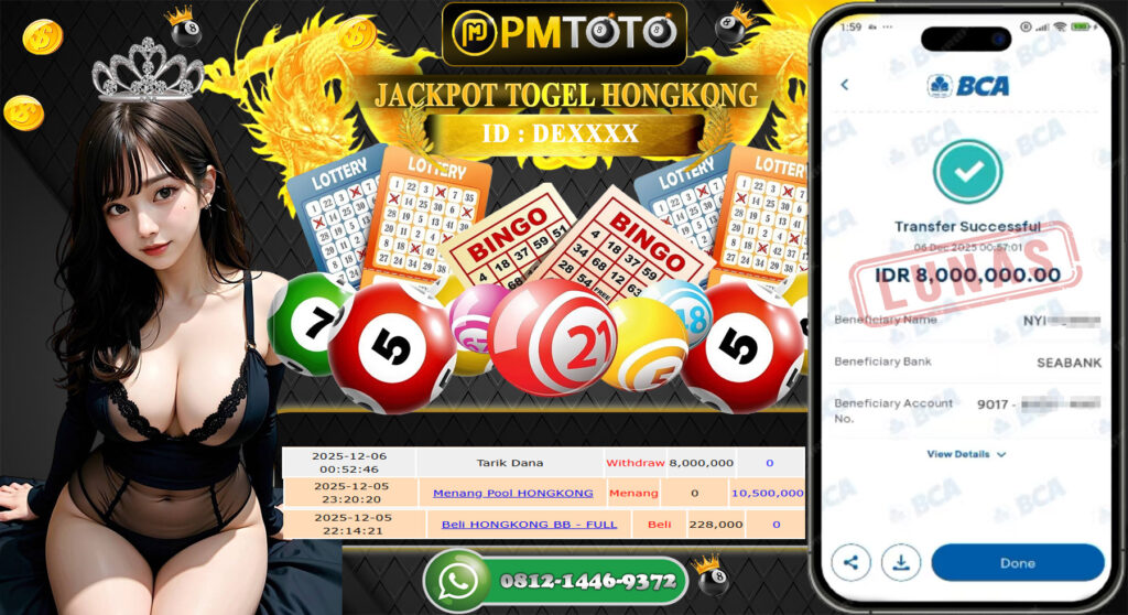 SELAMAT KEPADA MEMBER PMTOTO JACKPOT TOGEL HONGKONG Rp.8.000.000.,- LUNAS
