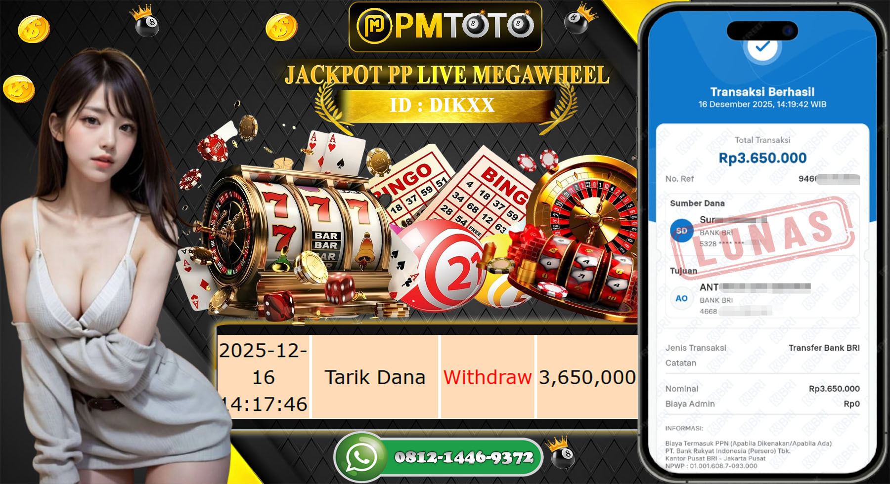SELAMAT KEPADA MEMBER PMTOTO JACKPOT CASINO PP LIVE MEGAWHEEL Rp.3.650.000.,- LUNAS