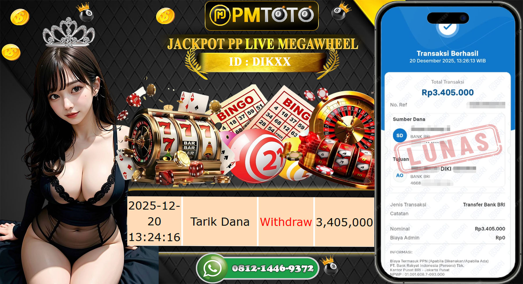 SELAMAT KEPADA MEMBER PMTOTO JACKPOT CASINO PP LIVE MEGAWHEEL Rp.3.405.000.,- LUNAS