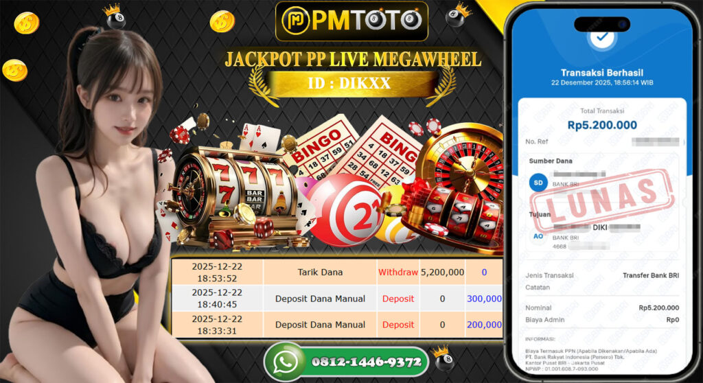 SELAMAT KEPADA MEMBER PMTOTO JACKPOT CASINO PP LIVE MEGAWHEEL Rp.5.200.000.,- LUNAS