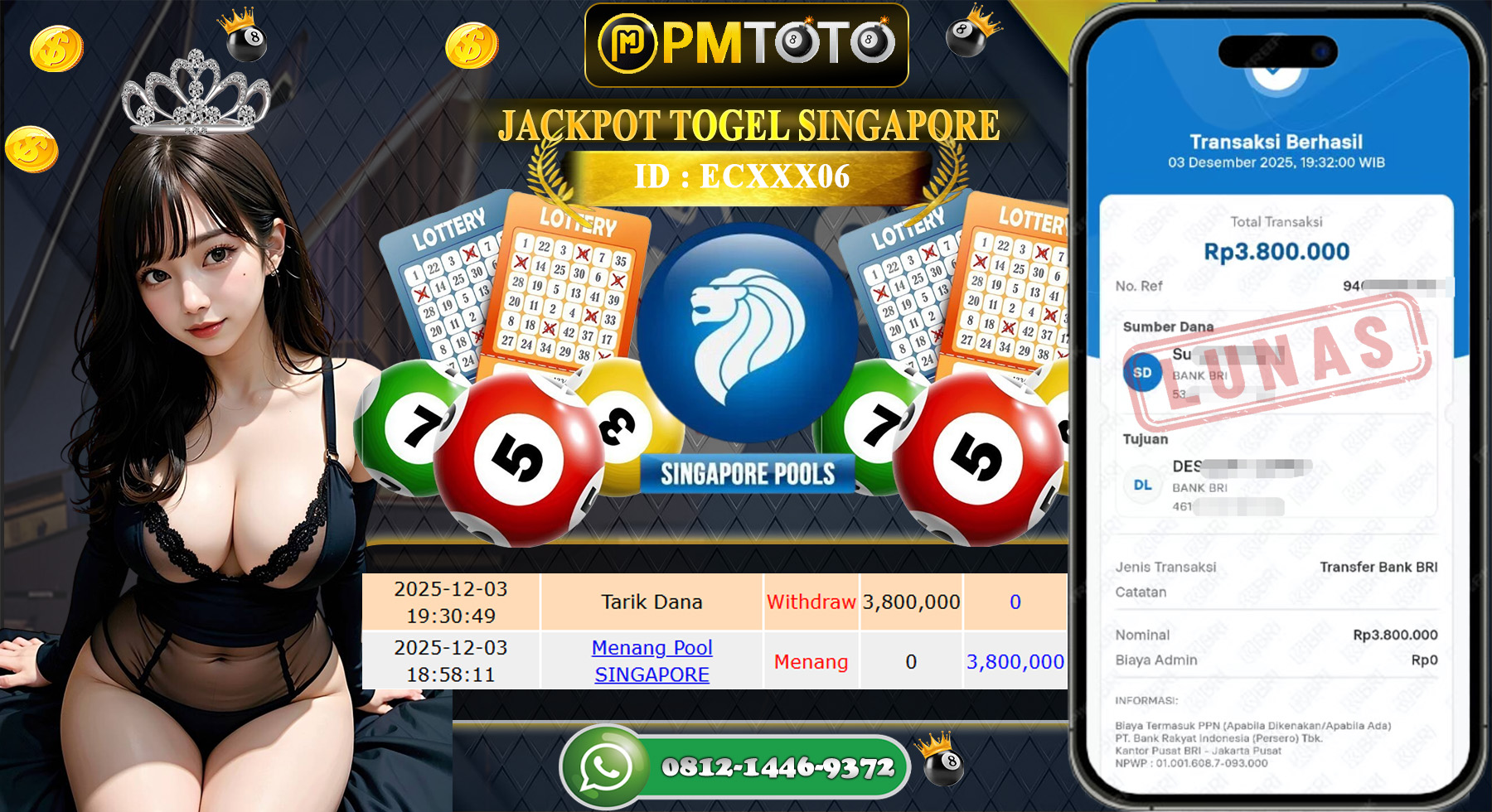 SELAMAT KEPADA MEMBER PMTOTO JACKPOT TOGEL SINGAPORE Rp.3.800.000.,- LUNAS
