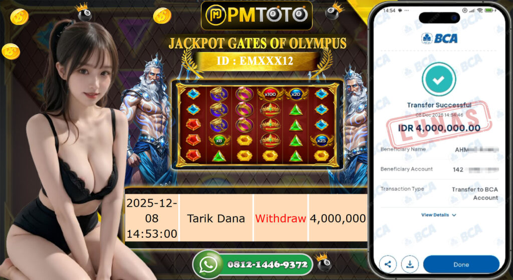 SELAMAT KEPADA MEMBER PMTOTO JACKPOT SLOT GATES OF OLYMPUS Rp.4.000.000.,- LUNAS