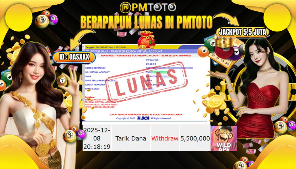 SELAMAT KEPADA MEMBER PMTOTO JACKPOT SLOT WILD APE Rp.5.500.000.,- LUNAS