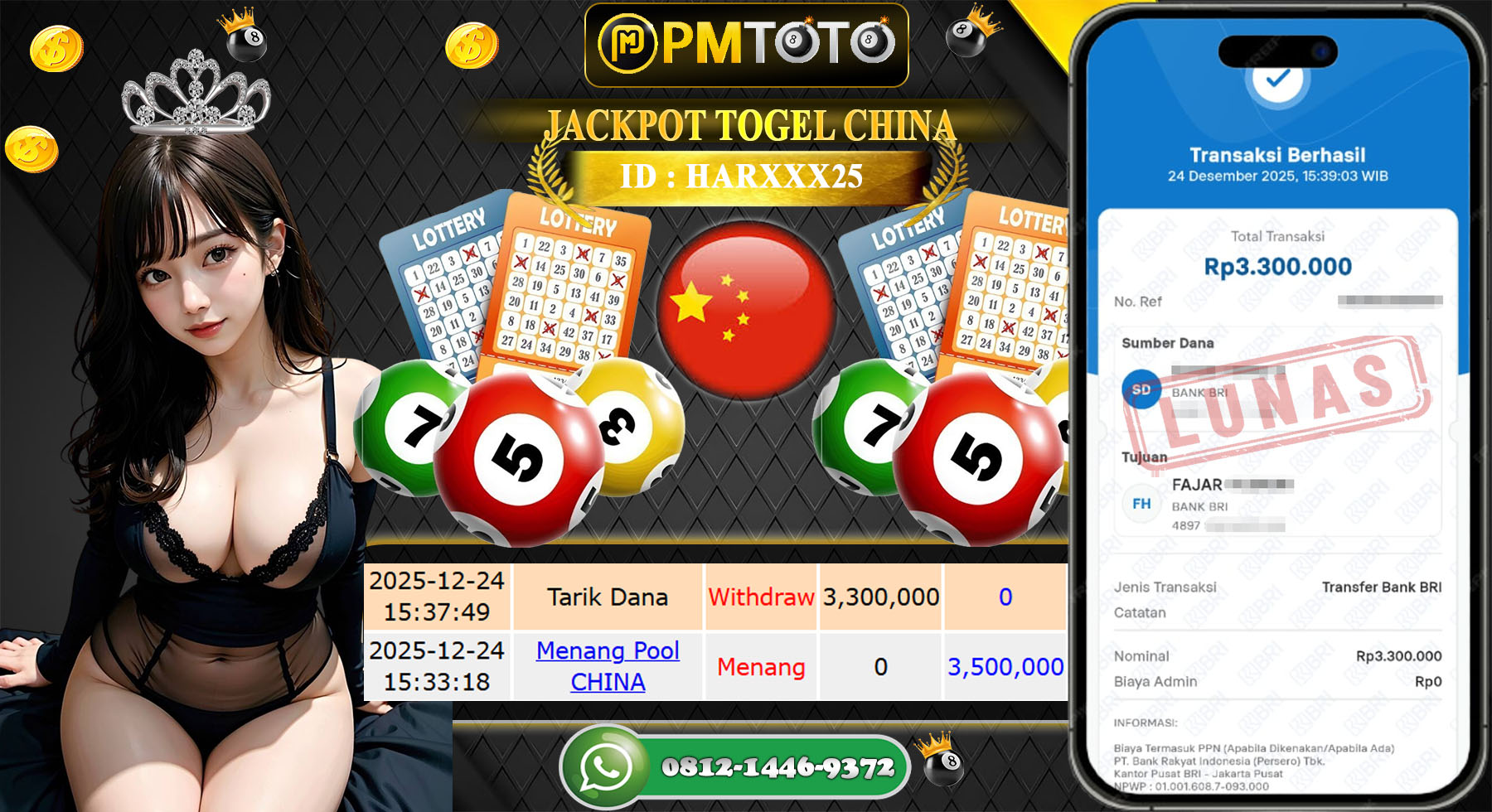 SELAMAT KEPADA MEMBER PMTOTO JACKPOT TOGEL CHINA Rp.3.500.000.,- LUNAS
