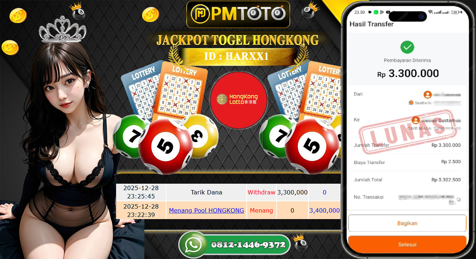 SELAMAT KEPADA MEMBER PMTOTO JACKPOT TOGEL HONGKONG LOTTO Rp.3.400.000.,- LUNAS