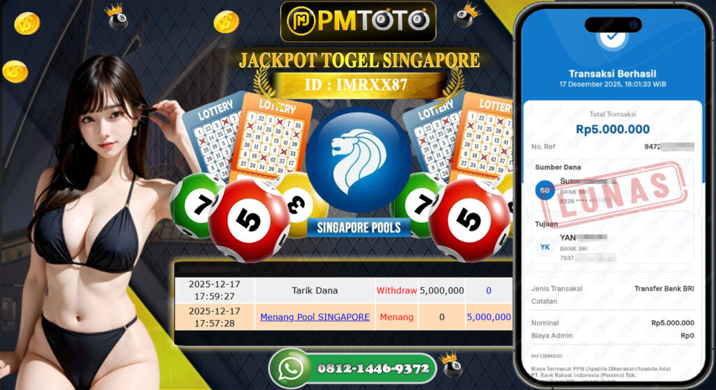 SELAMAT KEPADA MEMBER PMTOTO JACKPOT TOGEL SINGAPORE Rp.5.000.000.,- LUNAS