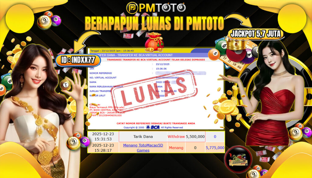 SELAMAT KEPADA MEMBER PMTOTO JACKPOT TOGEL TOTO MACAU Rp.5.775.000.,- LUNAS