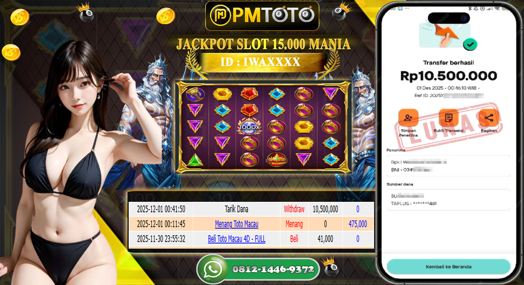 SELAMAT KEPADA MEMBER PMTOTO JACKPOT SLOT ZEUS 15.000X Mania Rp.10.500.000.,- LUNAS
