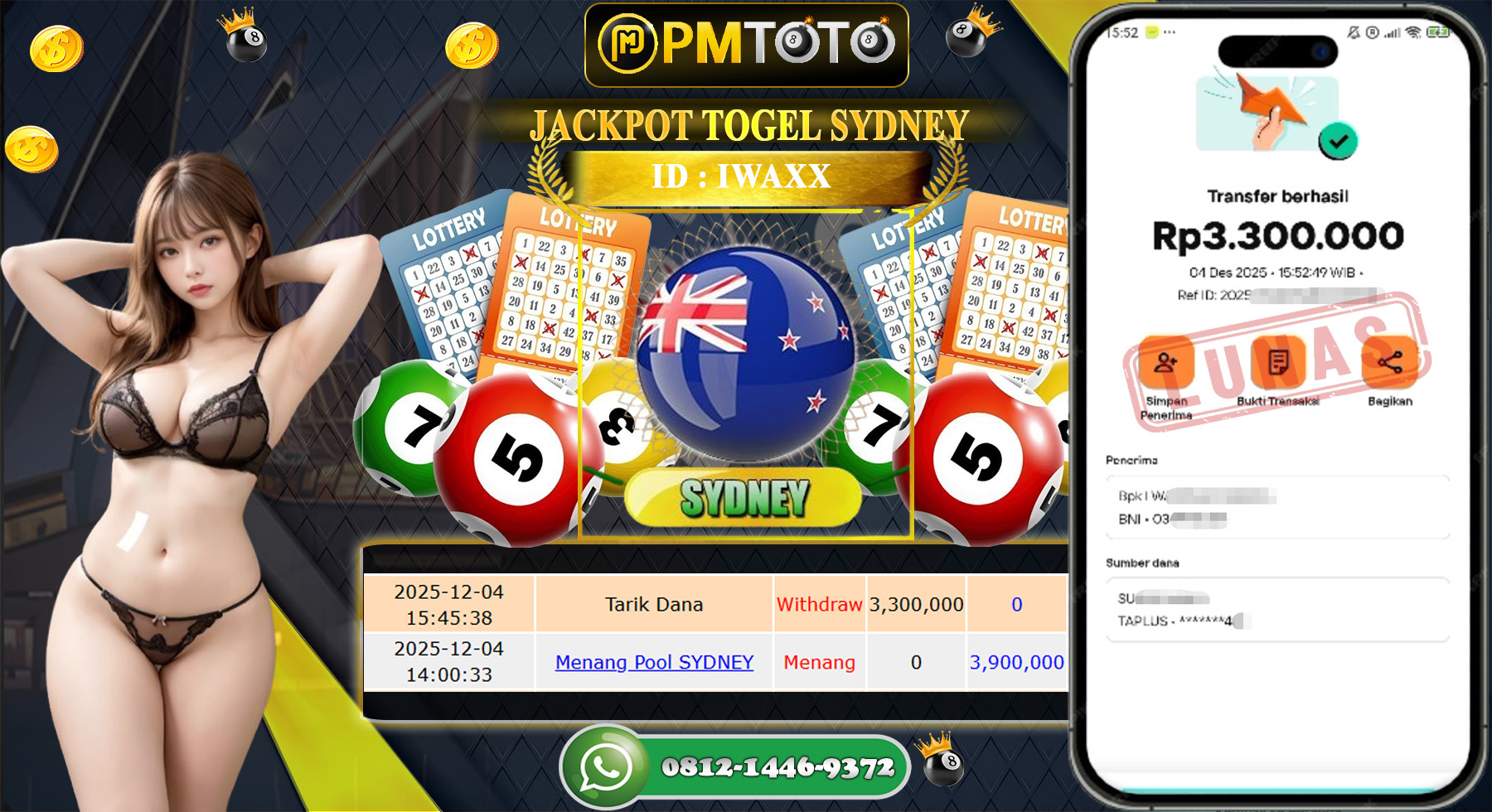 SELAMAT KEPADA MEMBER PMTOTO JACKPOT TOGEL SYDNEY Rp.3.300.000.,- LUNAS