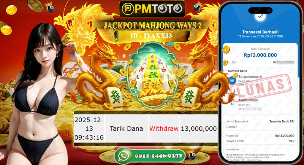 SELAMAT KEPADA MEMBER PMTOTO JACKPOT SLOT MAHJONG WAYS 2 Rp.13.000.000.,- LUNAS