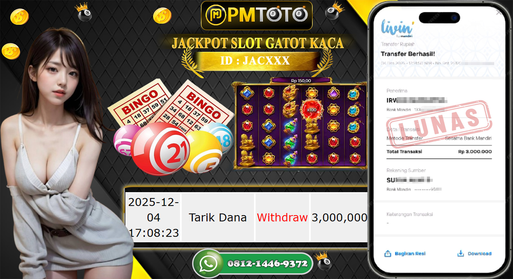 SELAMAT KEPADA MEMBER PMTOTO JACKPOT SLOT GATES OF GATOT KACA SUPER SCATTER Rp.3.000.000.,- LUNAS