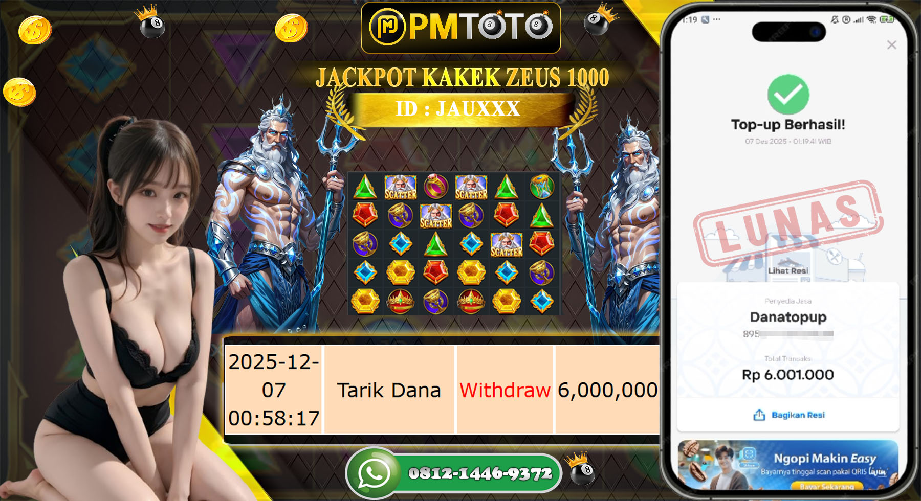 SELAMAT KEPADA MEMBER PMTOTO JACKPOT SLOT GATES OF OLYMPUS 1000 Rp.6.000.000.,- LUNAS