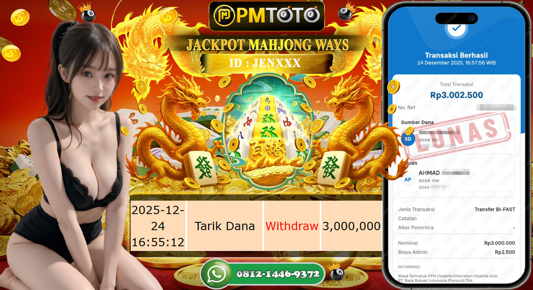 SELAMAT KEPADA MEMBER PMTOTO JACKPOT SLOT MAHJONG WAYS Rp.3.000.000.,- LUNAS