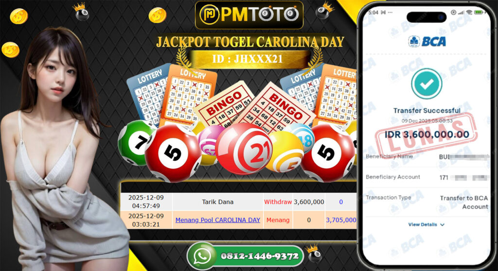 SELAMAT KEPADA MEMBER PMTOTO JACKPOT TOGEL CAROLINA DAY Rp.3.600.000.,- LUNAS