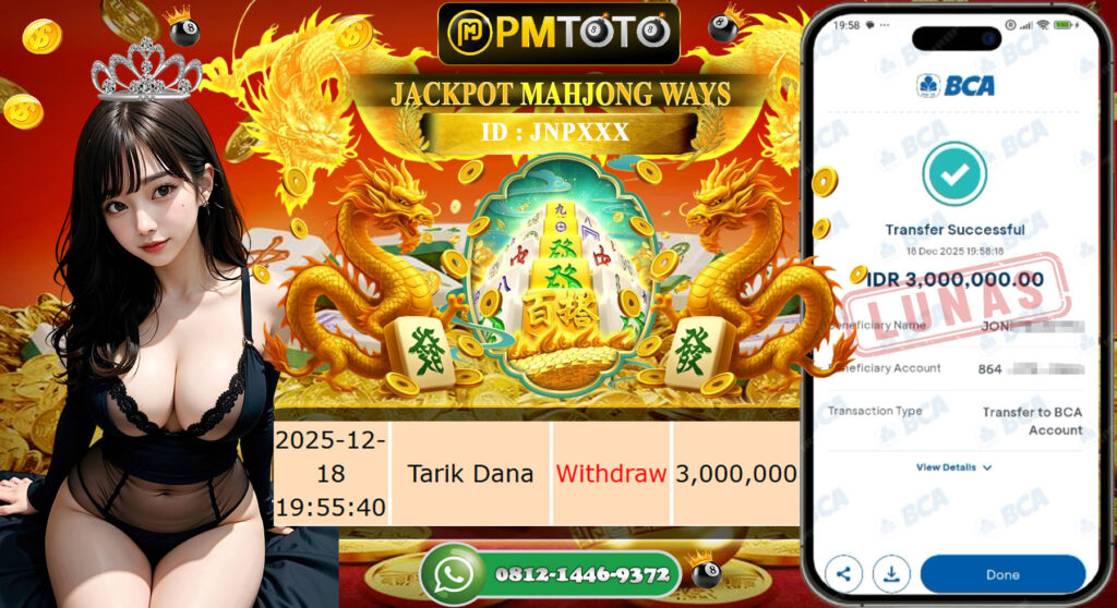 SELAMAT KEPADA MEMBER PMTOTO JACKPOT SLOT MAHJONG WAYS Rp.3.000.000.,- LUNAS