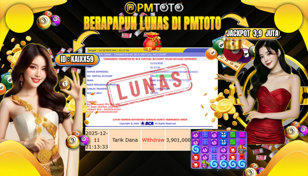 SELAMAT KEPADA MEMBER PMTOTO JACKPOT SLOT SWEET BONANZA DICE 1000 Rp.3.901.000.,- LUNAS