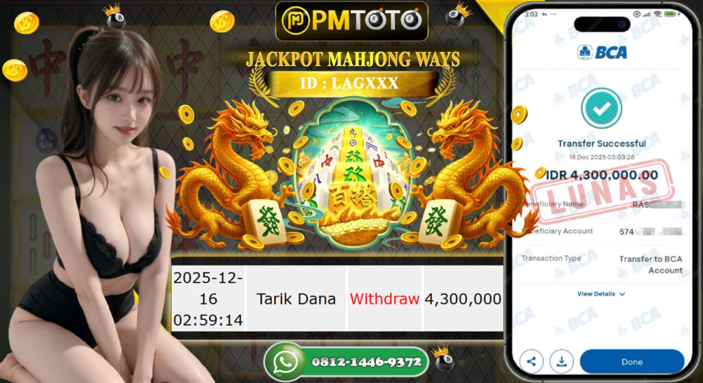 SELAMAT KEPADA MEMBER PMTOTO JACKPOT SLOT MAHJONG WAYS Rp.4.300.000.,- LUNAS