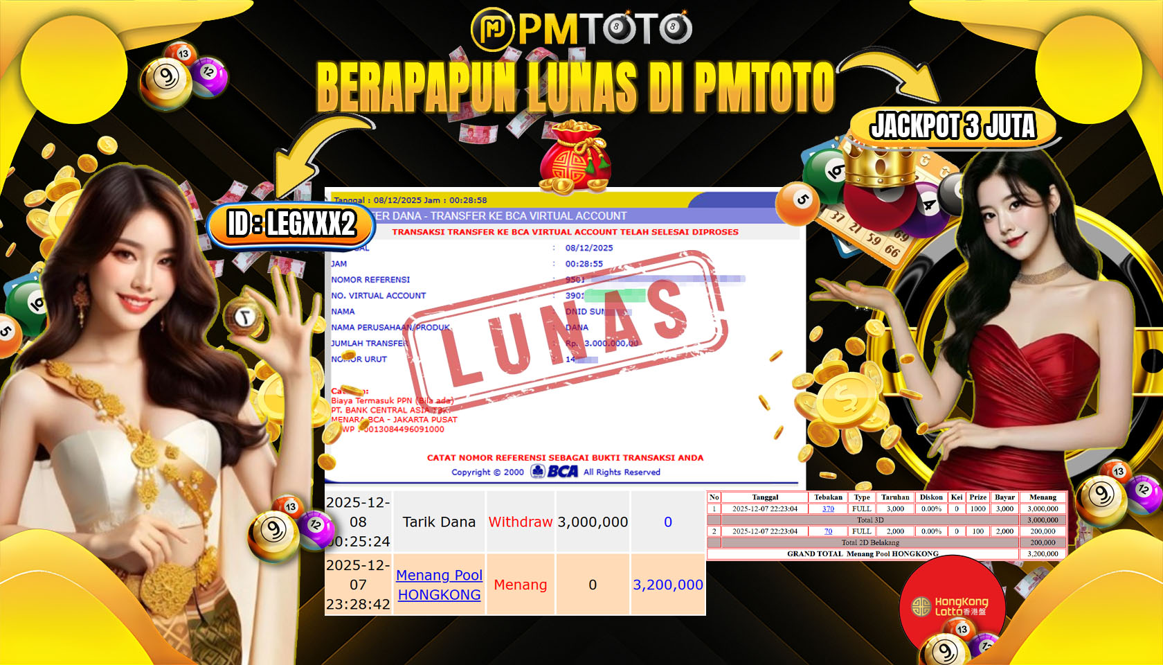 SELAMAT KEPADA MEMBER PMTOTO JACKPOT TOGEL HONGKONG Rp.3.000.000.,- LUNAS