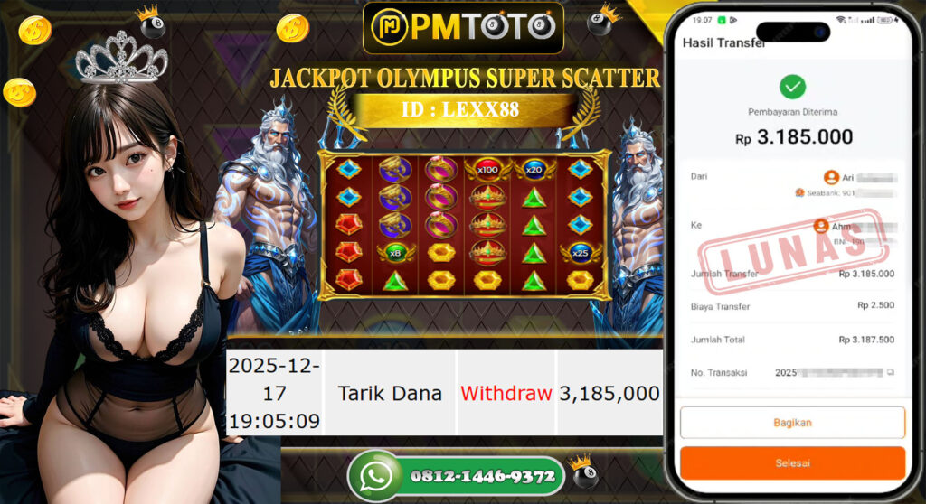 SELAMAT KEPADA MEMBER PMTOTO JACKPOT SLOT GATES OF OLYMPUS SUPER SCATTER Rp.3.185.000.,- LUNAS