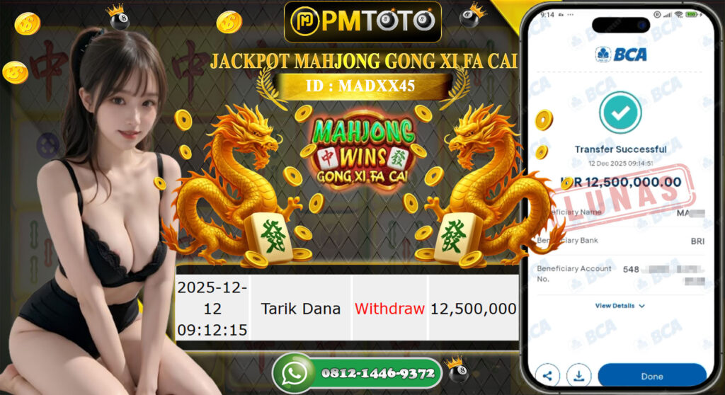 SELAMAT KEPADA MEMBER PMTOTO JACKPOT SLOT MAHJONG WINS GONG XI FA CAI Rp.12.500.000.,- LUNAS