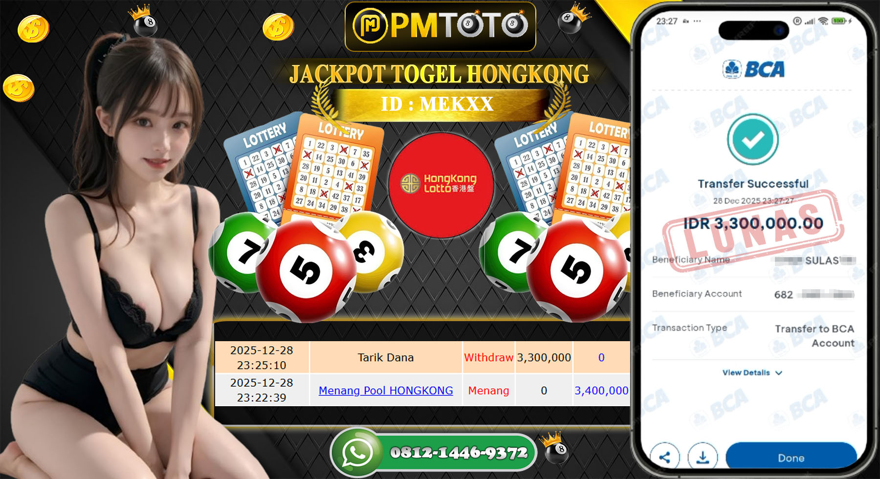 SELAMAT KEPADA MEMBER PMTOTO JACKPOT TOGEL HONGKONG LOTTO Rp.3.400.000.,- LUNAS