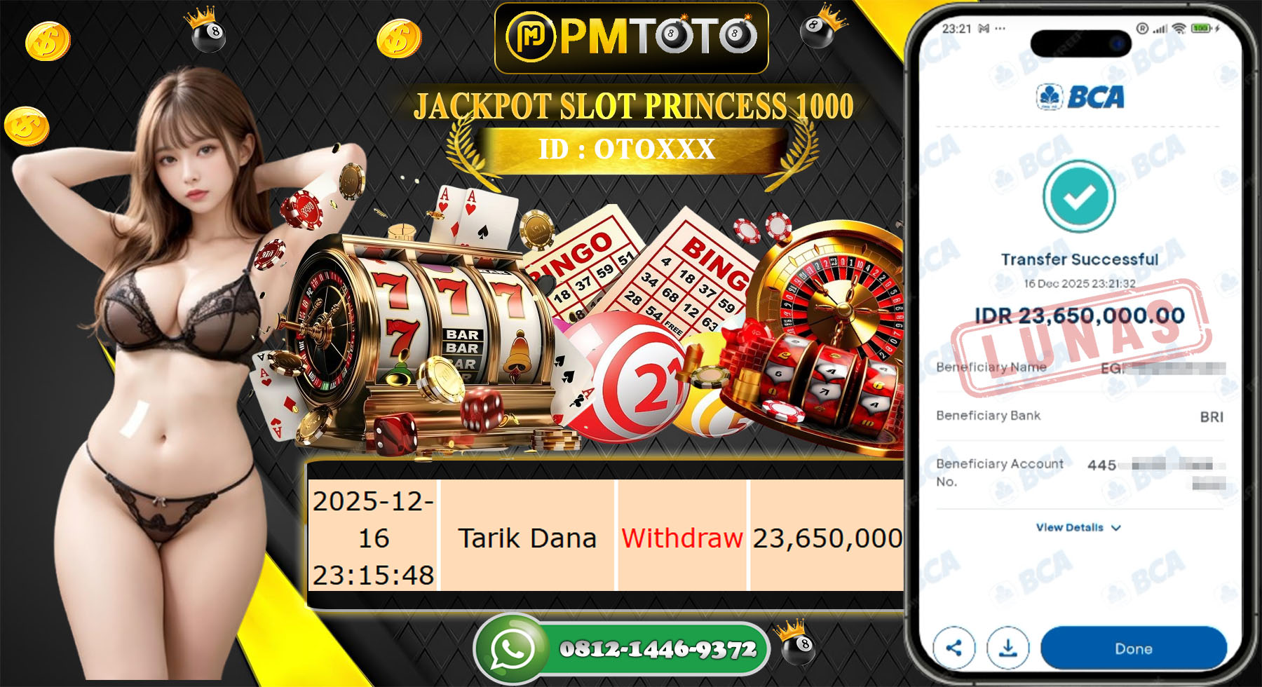SELAMAT KEPADA MEMBER PMTOTO JACKPOT SLOT STARLIGHT PRINCESS 1000  Rp.23.650.000.,- LUNAS