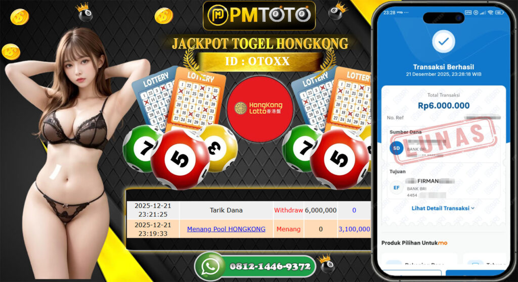 SELAMAT KEPADA MEMBER PMTOTO JACKPOT TOGEL HONGKONG LOTTO Rp.6.000.000.,- LUNAS