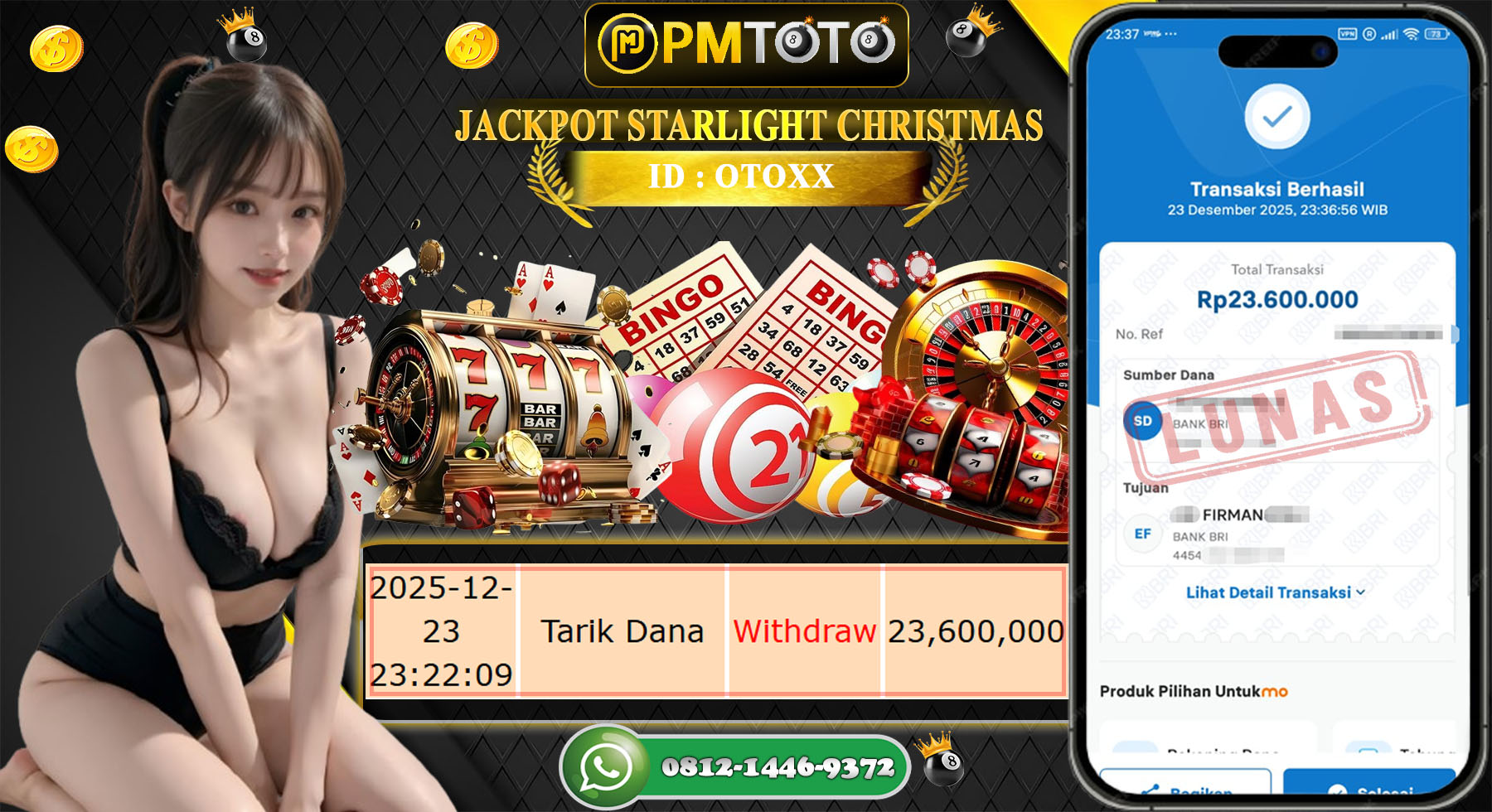SELAMAT KEPADA MEMBER PMTOTO JACKPOT SLOT STARLIGHT CHRISTMAS Rp.23.600.000.,- LUNAS